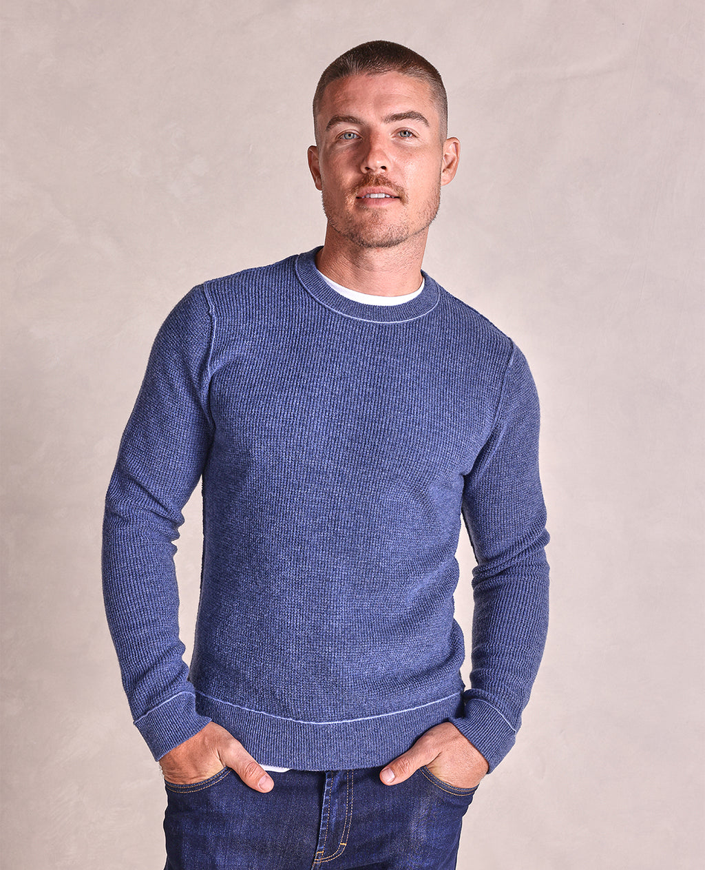 The Heath - Wool/Cashmere Waffle Knit Sweater - Blue Heather